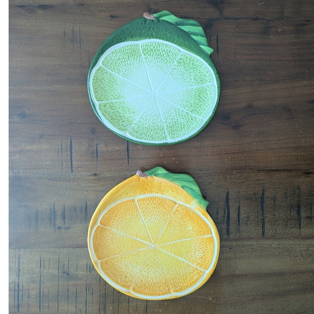 Pier 1 Imports Appetizer Plates Orange Lime Citrus Fruit Ironstone Set of 2 EUC